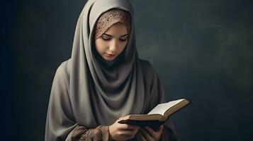 Aziatisch moslim vrouw in hijab lezing koran boek foto