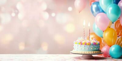 vreugdevol vieringen - verjaardag taart en kleurrijk ballonnen - generatief ai foto