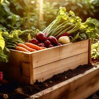 vers van de tuin - gezond groente verscheidenheid in een houten doos - generatief ai foto