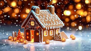 charmant peperkoek huisje temidden van winter bokeh - generatief ai foto