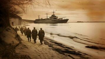 een groep van soldaten wandelen langs de strand met een schip in de achtergrond. ai gegenereerd foto