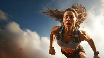 actief vrouw atleet rennen midden lucht in een krachtig opleiding sessie. ai gegenereerd foto