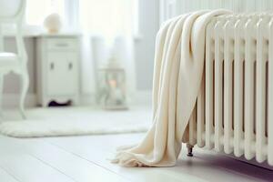 knus winter warmte - wit verwarming radiator en deken in modern kamer - generatief ai foto