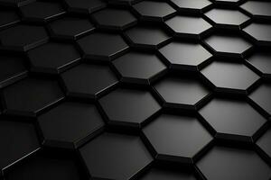 abstract zwart zeshoek achtergrond. 3d geven illustratie met selectief focus, abstract zeshoekig meetkundig ultra breed achtergrond. structuur van veel van zeshoeken van koolstof vezel , ai gegenereerd foto