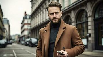 een Mens in een bruin jas en zwart trui is op zoek Bij zijn telefoon ai generatief foto