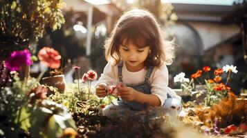 weinig meisje tuinieren met landschap vol van bloemen Aan warm zonnig dag. familie werkzaamheid. tuinieren en landbouw concept foto