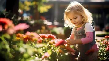 weinig meisje tuinieren met landschap vol van bloemen Aan warm zonnig dag. familie werkzaamheid. tuinieren en landbouw concept foto