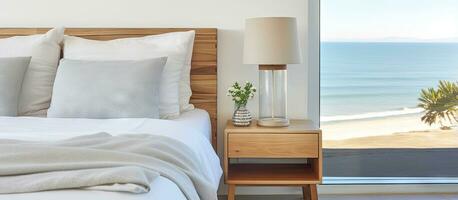 modern strand huis in malibu Californië presentatie van slaapkamer nachtkastje foto