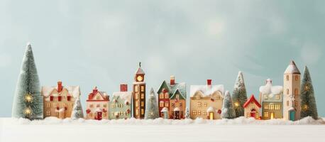 Kerstmis boom versierd met cadeaus en tekst ruimte omringd door houten huizen in zacht tonen foto