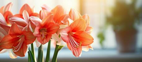 prachtig hippeastrum bloeiend binnenshuis of buitenshuis met oranje aderen Aan bloemblaadjes en stuifmeel gedekt meeldraden levendig dichtbij omhoog bloemen beeld inspirerend en opbeurend foto