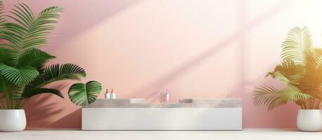 een badkamer met een pastel roze tegel muur en verdieping met een natuurlijk schoonheid podium en tropisch palm bladeren net zo een achtergrond leeg ruimte foto