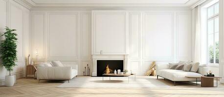 elegant appartement met helder kamer groot ramen wit muren houten vloeren en donker marmeren haard foto
