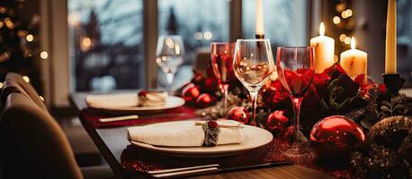 knus en feestelijk Kerstmis vooravond avondeten instelling met mooi tafel decoratie binnenshuis foto