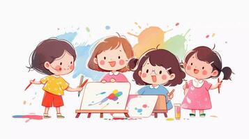 een groep van schattig peuter- meisje schilderij Aan de muur Bij de kunst klas. kinderen boek schattig beeld tekenfilm karakter. school- werkzaamheid. foto
