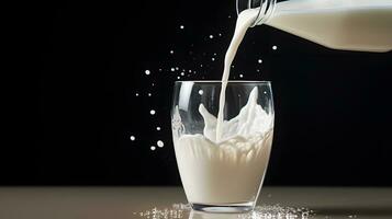 gieten melk in glas in donker achtergrond. foto