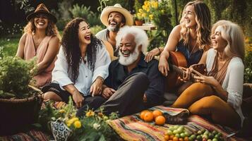 gelukkig senior verschillend mensen zittend Aan deken en hebben picknick in tuin foto