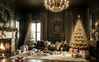 omhelzing de warmte en vreugde een knus leven kamer decor voor een magisch Kerstmis ai gegenereerd foto