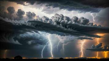 de onheilspellend ontvouwen drama van van de natuur spectaculair bliksem storm ai gegenereerd foto