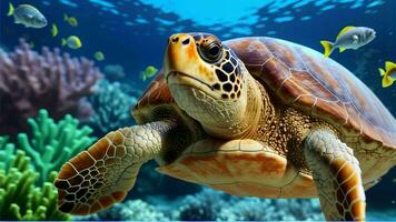 verkennen de levendig onderwater- wereld met schildpadden, kleurrijk vis, en koraal riffen ai gegenereerd foto