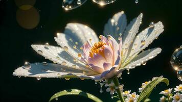 water druppels Aan een mooi bloem Aan een dauwdruppel macro fotografie ai gegenereerd foto