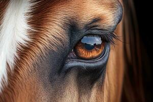 oog van bruin paard dichtbij omhoog. generatief ai foto
