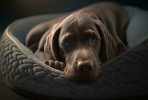 bruin hond leugens in pluche huisdier bed, uiteinde van een loop en neus- dichtbij omhoog. generatief ai foto