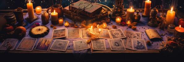 mystiek ritueel met kaarsen en tarot kaarten, top visie foto
