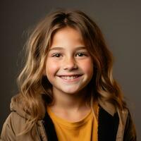 portret van een weinig meisje met lang bruin haar- en een geel t - overhemd Aan een grijs achtergrond generatief ai foto
