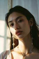 portret van een Aziatisch vrouw , detailopname in chique sieraden , natuurlijk studio foto, warm filter, ai generatief kunst foto