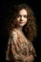 portret van een jong meisje met gekruld rood haar, detailopname, natuurlijk zacht licht, ai gegenereerd kunst foto