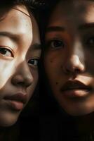 portret van twee Aziatisch Dames, detailopname, natuurlijk zacht verlichting, ai gegenereerd kunst foto