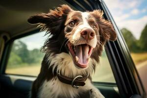 schattig hond op zoek uit van auto venster , ai gegenereerd foto