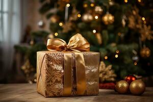 een elegant verpakt Cadeau genesteld onder de feestelijk Kerstmis boom foto