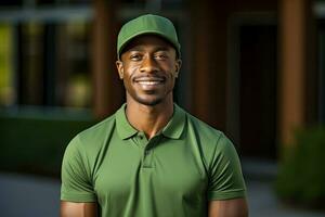 glimlachen jong zwart Mens staat in voorkant van groen backdrop met gevouwen armen en groen overhemd foto