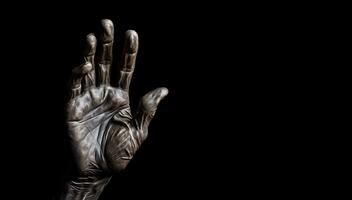dichtbij omhoog van menselijk hand- tonen drie vingers Aan zwart bronzen beeldhouwwerk van een oud hand. foto