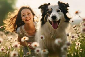 jong volwassen vrouw omarmen haar hond, buitenshuis bloem veld- , ai gegenereerd foto