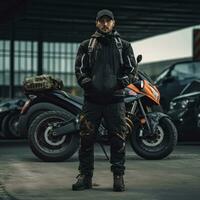 Mens vervelend motorfiets uitrusting en helm, ai gegenereerd foto