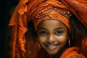 een jong zwart vrouw met een oranje tulband over- levendig achtergrond foto