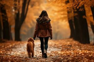 jong vrouw wandelen haar hond in de park in herfst dag, ai gegenereerd foto