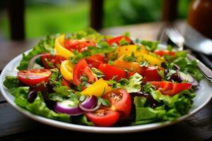 gezond groente salade van vers fruit, groen, spinazie, sla en sesam Aan bord. ai gegenereerd foto