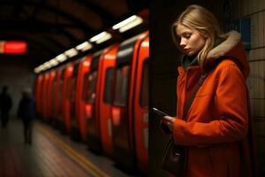 portret van een glimlachen lief vrouw typen bericht Aan mobiel telefoon in metro trein. ai gegenereerd foto