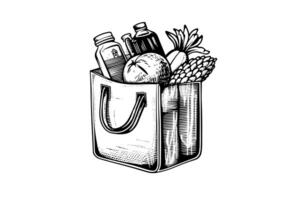 kruidenier zak vol van voedsel gravure schetsen vector hand getekend illustratie. foto