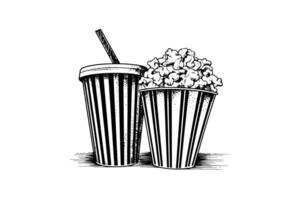 popcorn in doos en cola gravure inkt vector illustratie , lijn kunst. foto