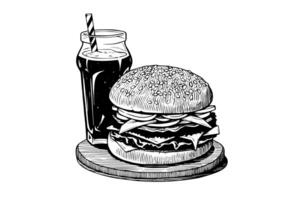 hamburger en Frisdrank gravure stijl kunst. hand- getrokken vector illustratie van Hamburger. foto