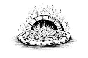 heet pizza van de oven schetsen hand- getrokken gravure stijl vector illustratie foto