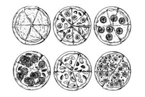 reeks van Italiaans pizza schetsen hand- getrokken gravure stijl vector illustratie pak foto
