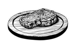 vlees steak Aan hout bord. hand- tekening schetsen gravure stijl vector illustratie foto