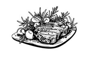 vlees steak Aan hout bord. hand- tekening schetsen gravure stijl vector illustratie foto