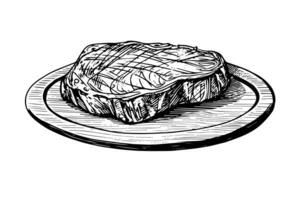 vlees steak Aan hout bord. hand- tekening schetsen gravure stijl vector illustratie foto