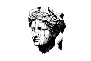 gebarsten standbeeld hoofd van Grieks beeldhouwwerk schetsen gravure stijl vector illustratie. foto